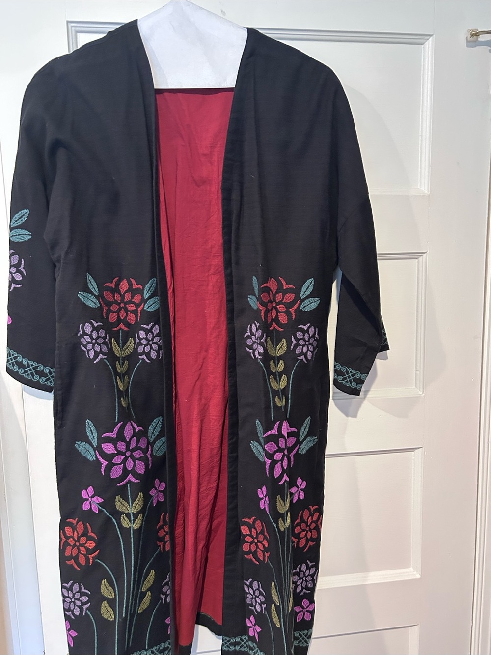 Gudrun Sjoden Black Floral Embroidered Long Jacket with Red Lining